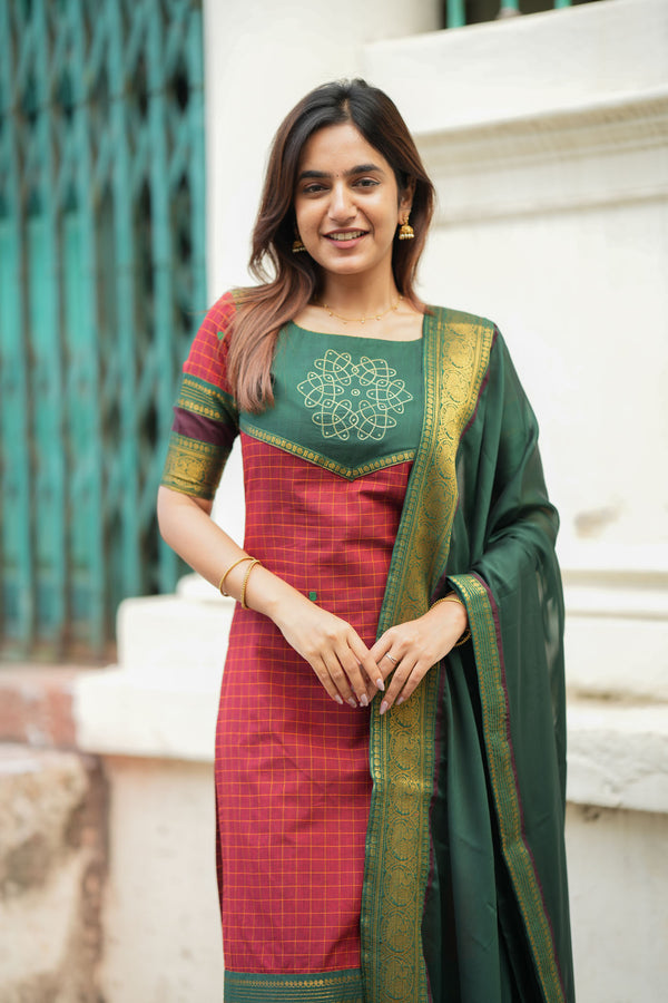 Sana Red Checks Kurti Set (Set of 2 )