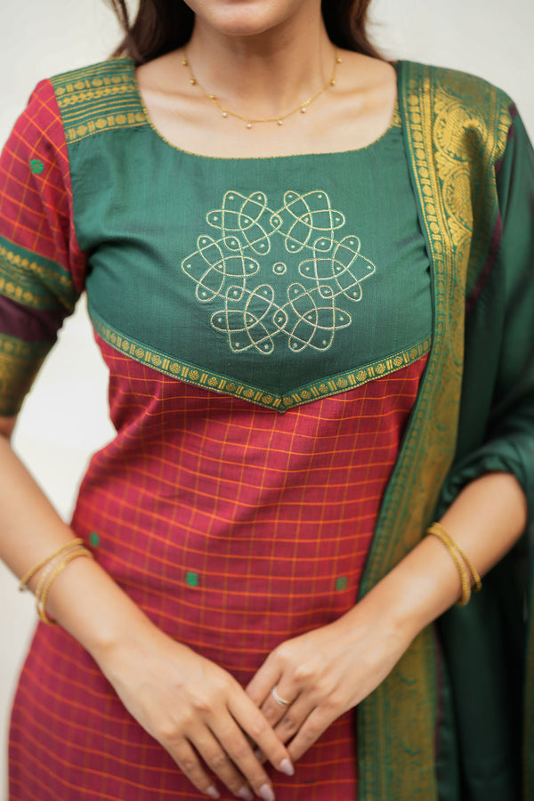 Sana Red Checks Kurti Set (Set of 2 )