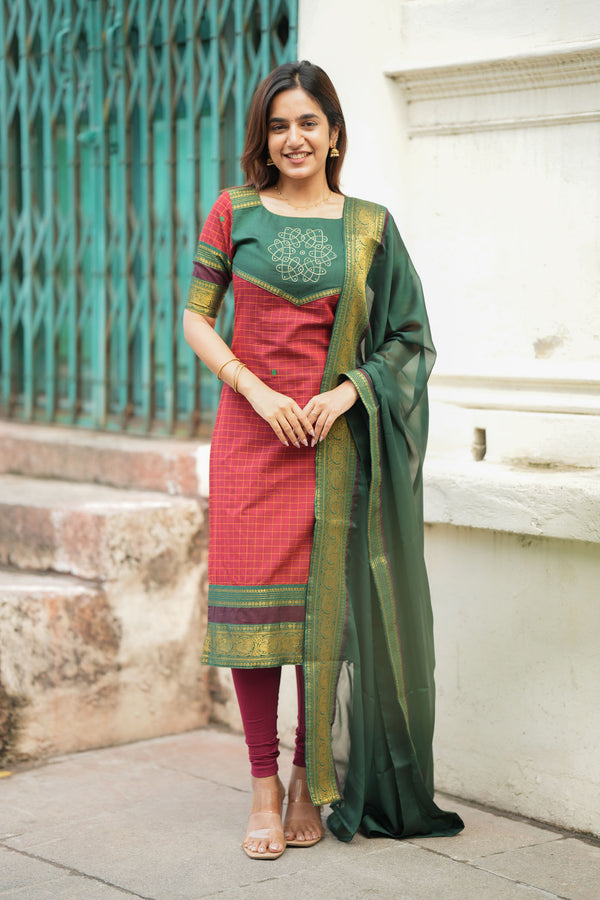 Sana Red Checks Kurti Set (Set of 2 )