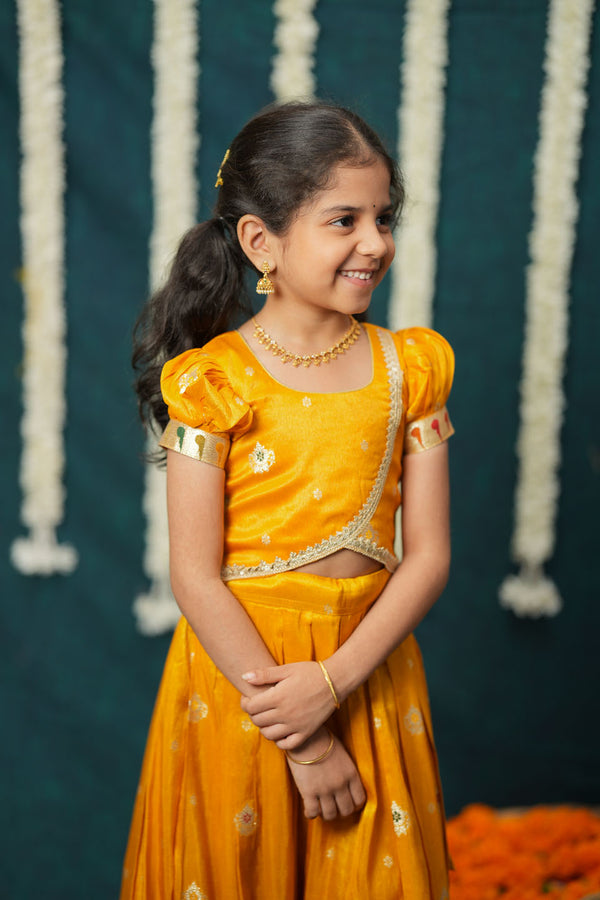 Maithiri yellow Silk Kids Lehenga Set mini