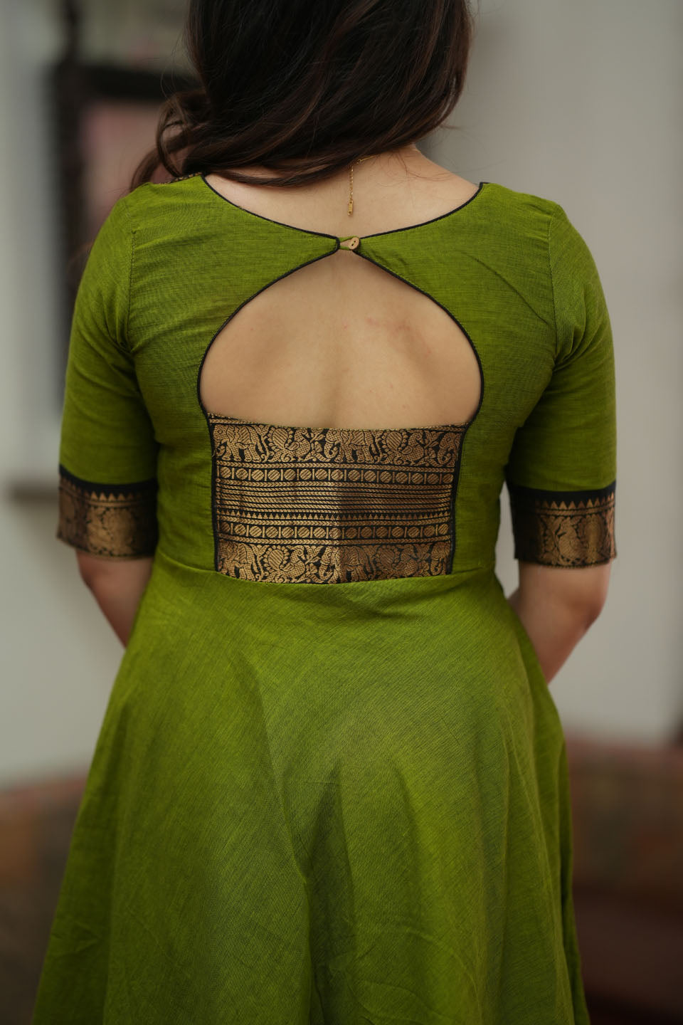 Suhasini Olive Green Ethnic Gown with Zari Border Festive Wear L / Olive Suhasini Olive Green Ethnic Gown with Zari Border Festive Wear L / Olive