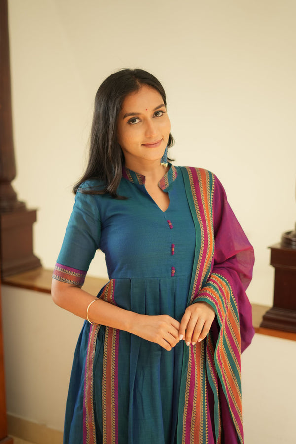 Yashika Teal with Magenta Handloom Cotton Kurta Set