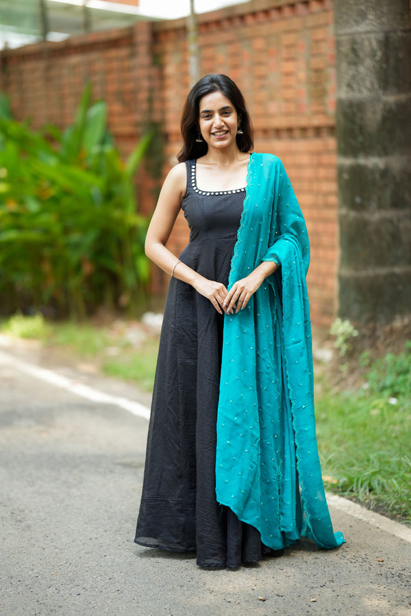 Pavni Black With Teal Anarkali Set ( Set of 2 )