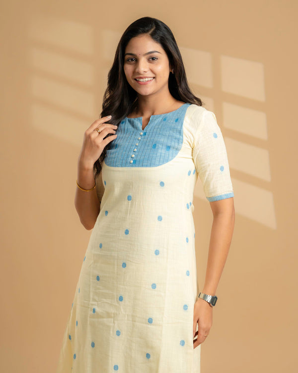 Creamy Blue Handloom A-Line Kurta (PR)