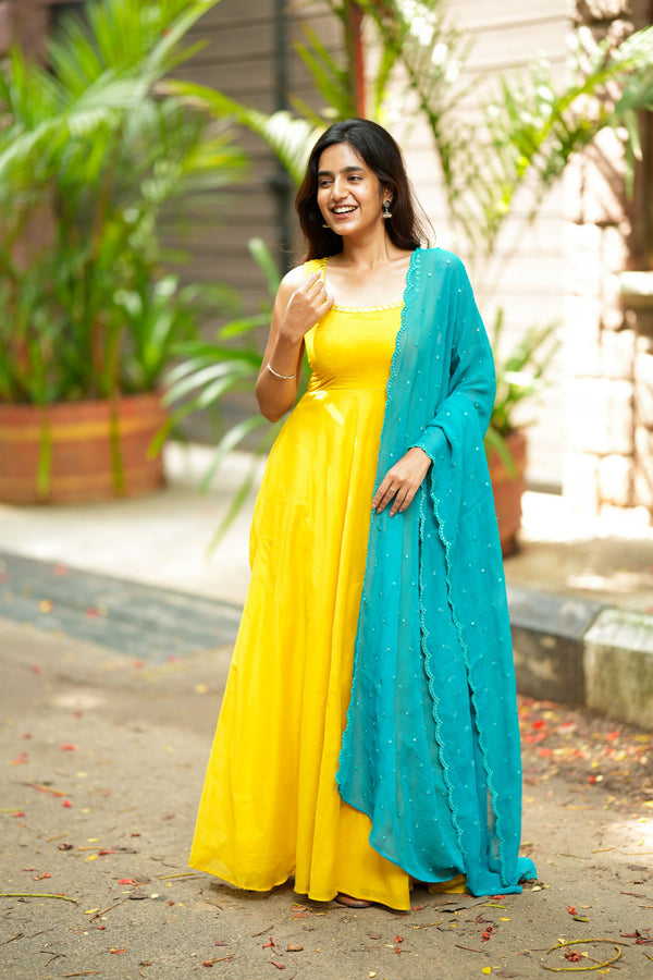 Pavni Yellow With Teal Anarkali Set (Set of 2)