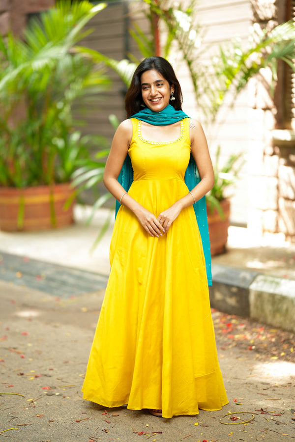 Pavni Yellow With Teal Anarkali Set (Set of 2)