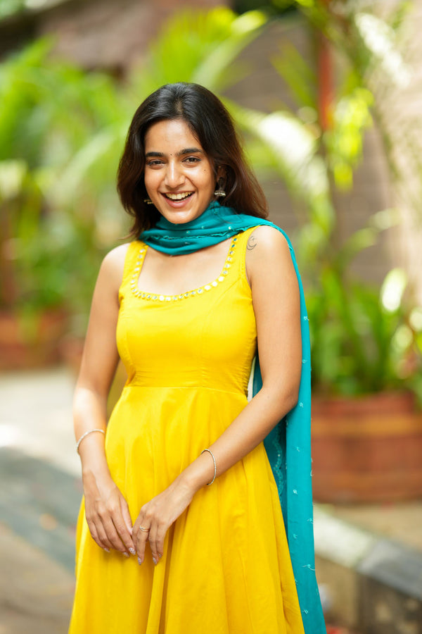 Pavni Yellow With Teal Anarkali Set (Set of 2)