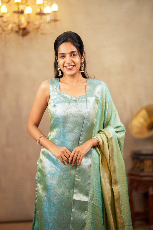 Nethra Aqua Blue Banarasi Tissue Kurti Set ( Set of 3 )