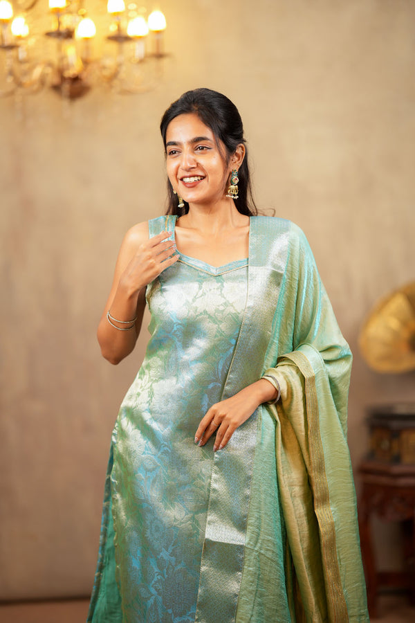 Nethra Aqua Blue Banarasi Tissue Kurti Set ( Set of 3 )