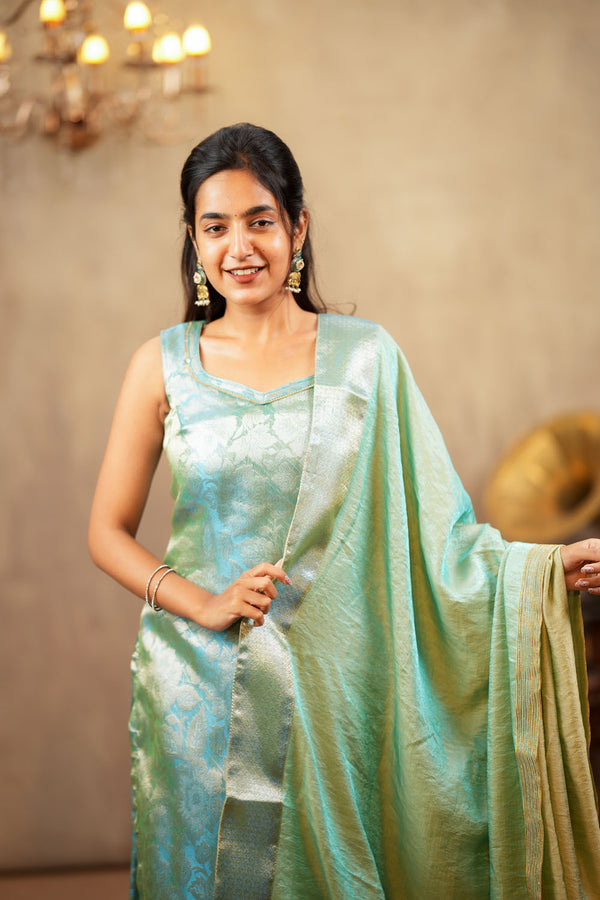Nethra Aqua Blue Banarasi Tissue Kurti Set ( Set of 3 )