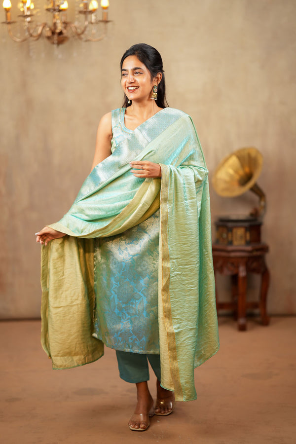 Nethra Aqua Blue Banarasi Tissue Kurti Set ( Set of 3 )