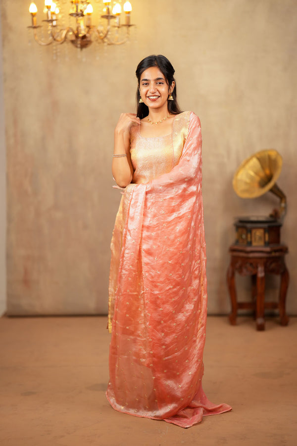 Tanisha Peach Banarasi Tissue Kurti Set ( Set of 3 )