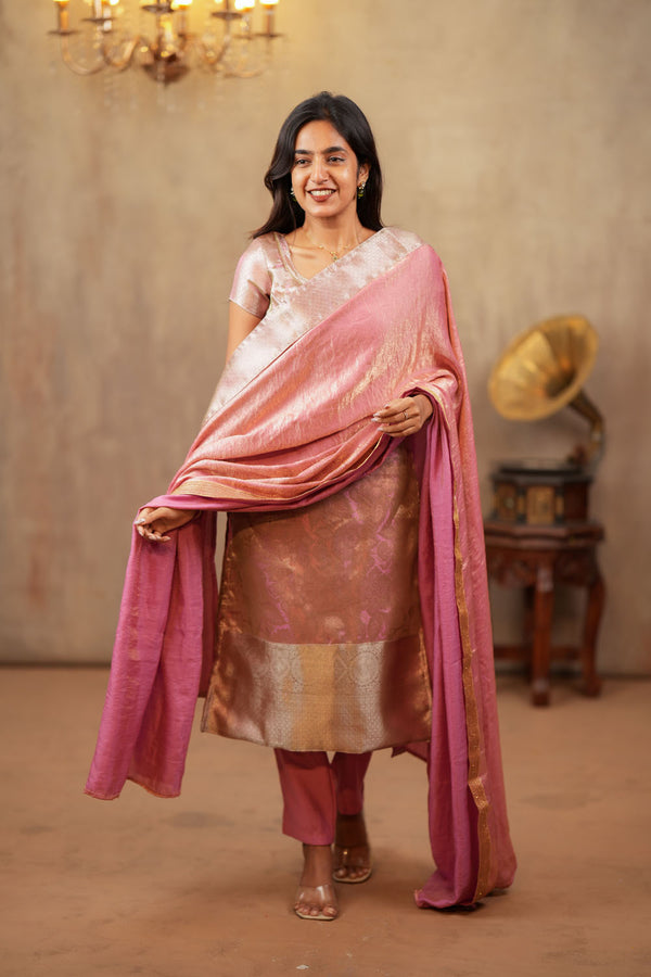 Nethra Pink Banarasi Tissue Kurti Set ( Set of 3 )