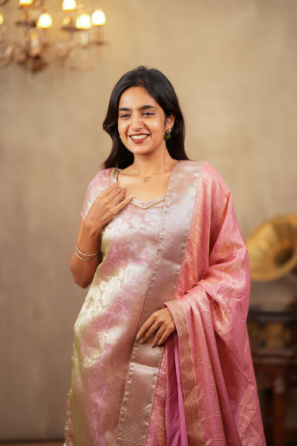 Nethra Pink Banarasi Tissue Kurti Set ( Set of 3 )