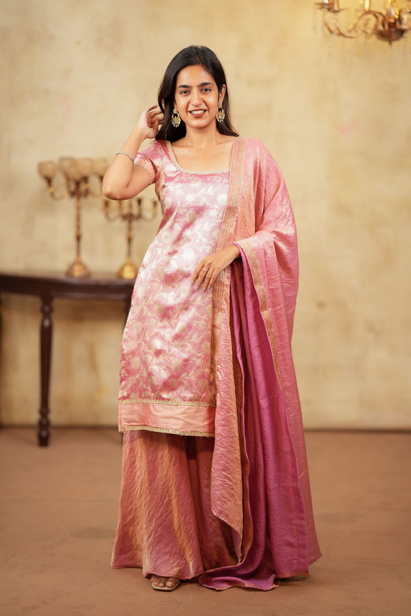 Manju Pink Banarasi Tissue Kurti Set (Set of 3)