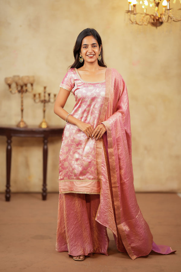 Manju Pink Banarasi Tissue Kurti Set (Set of 3)