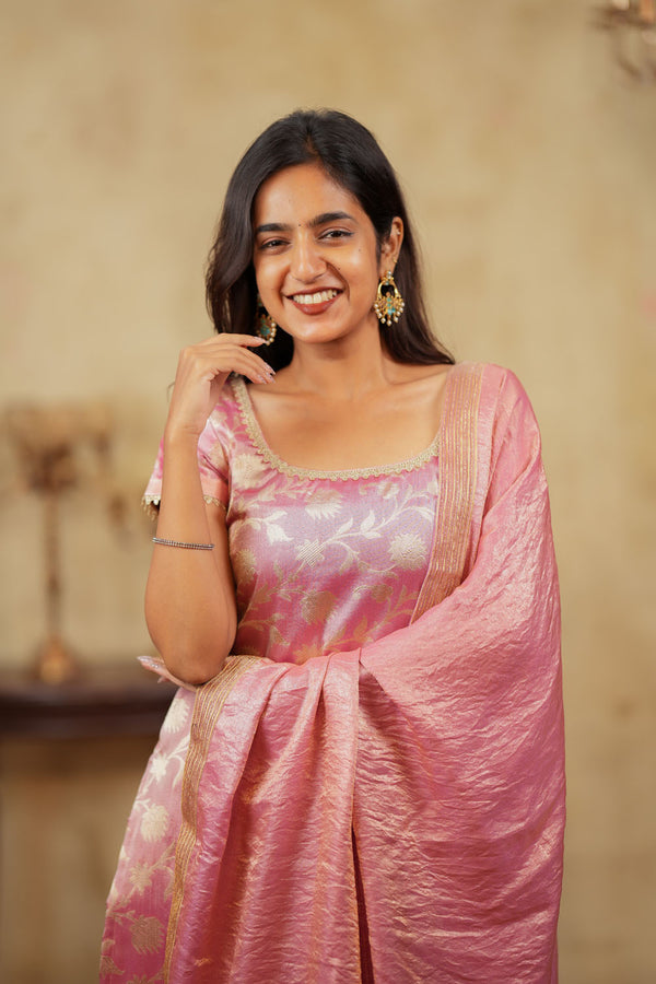 Manju Pink Banarasi Tissue Kurti Set (Set of 3)