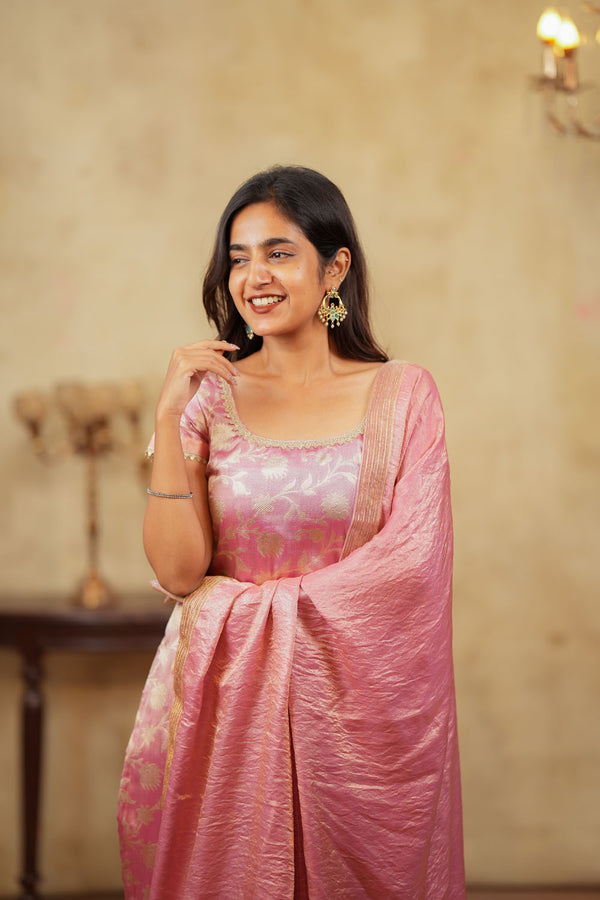Manju Pink Banarasi Tissue Kurti Set (Set of 3)