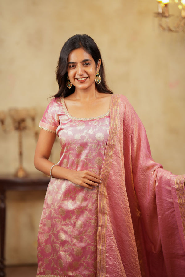 Manju Pink Banarasi Tissue Kurti Set (Set of 3)