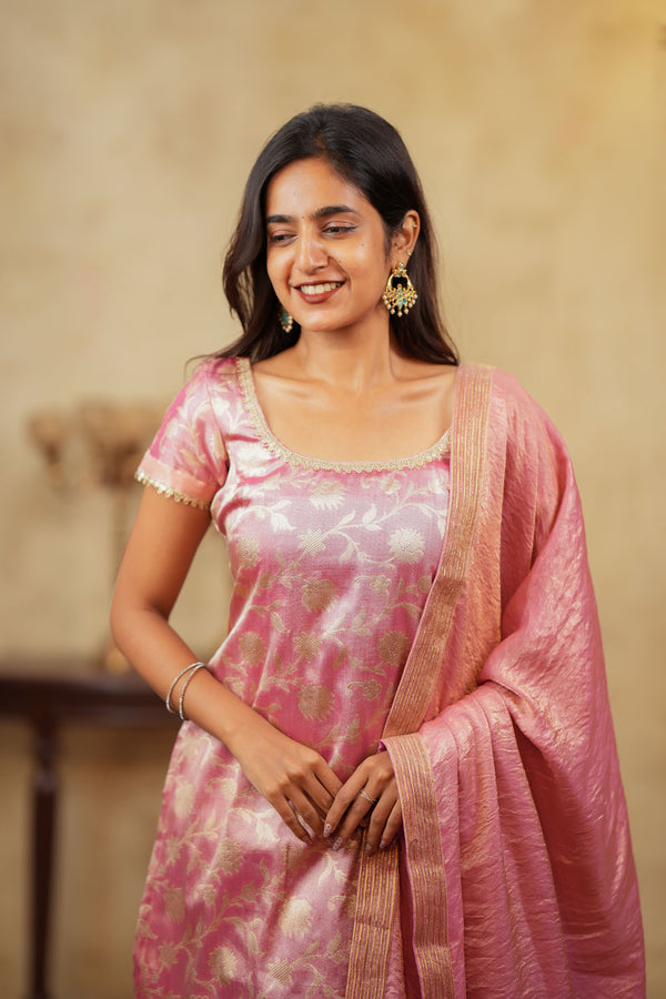 Manju Pink Banarasi Tissue Kurti Set (Set of 3)