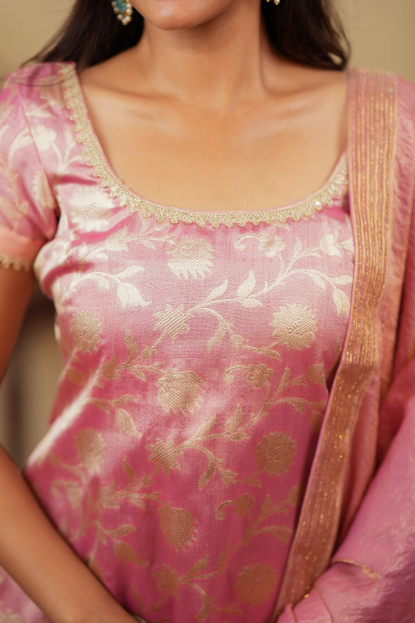 Manju Pink Banarasi Tissue Kurti Set (Set of 3)