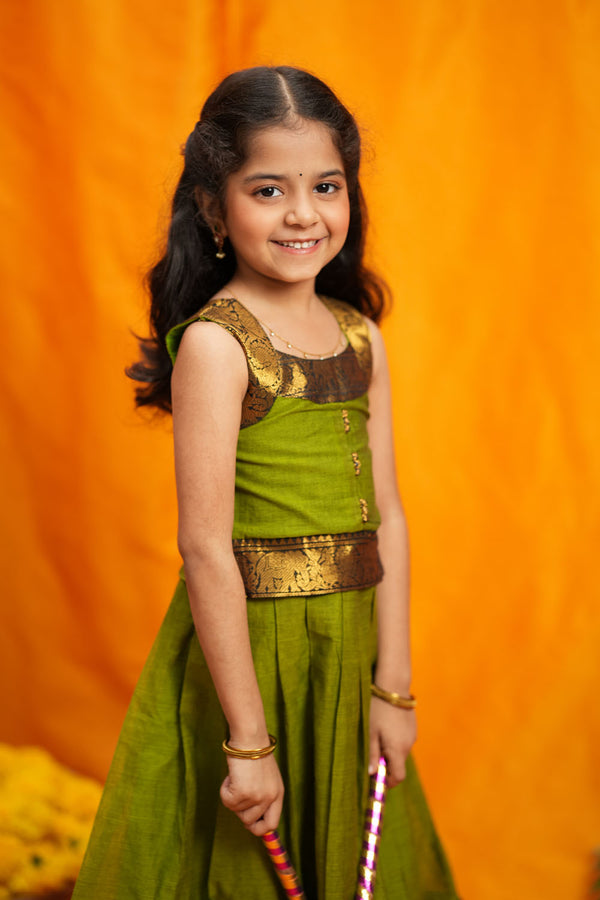Prisha Olive Green Kids Pattu Pavadai Mini