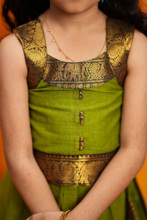 Prisha Olive Green Kids Pattu Pavadai Mini