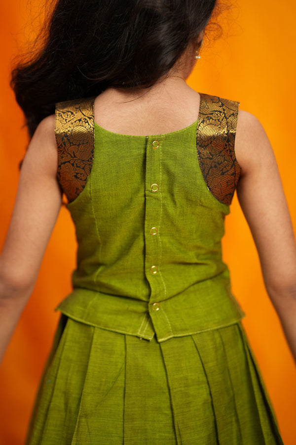 Prisha Olive Green Kids Pattu Pavadai Mini