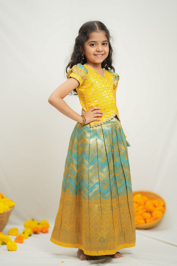 Akhila Yellow & Aqua Blue Brocade Kids Lehenga Set Mini