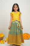 Akhila Yellow & Aqua Blue Brocade Kids Lehenga Set Mini