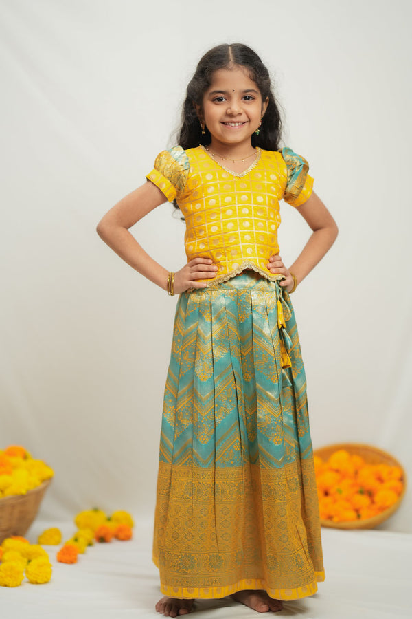 Akhila Yellow & Aqua Blue Brocade Kids Lehenga Set Mini
