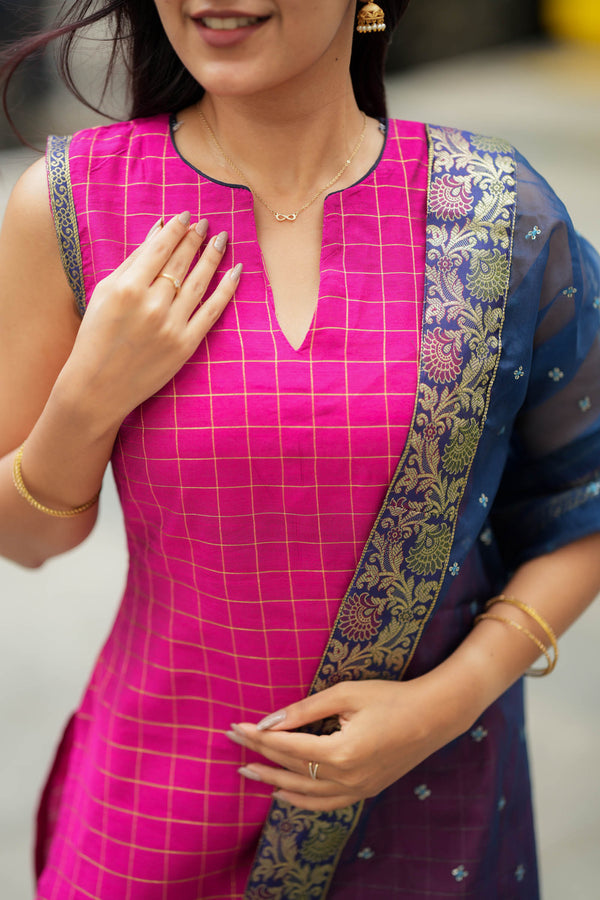 Navya Magenta with Blue Kurti Set (Set of 3)