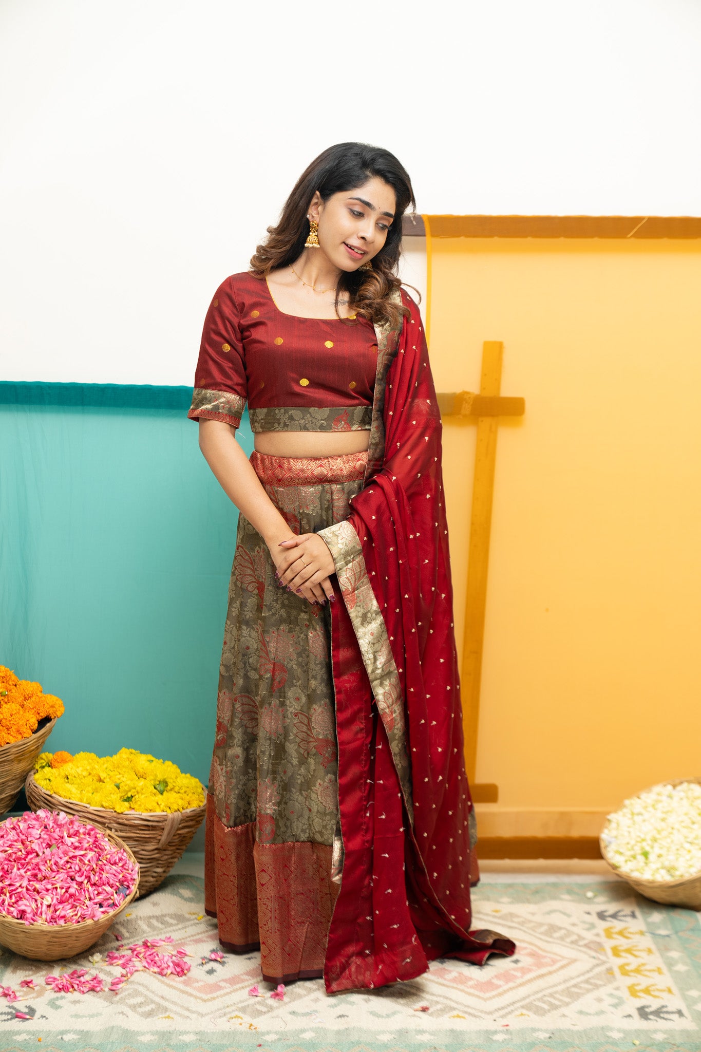 Ishwarya Maroon Crop top Skirt - Main Image