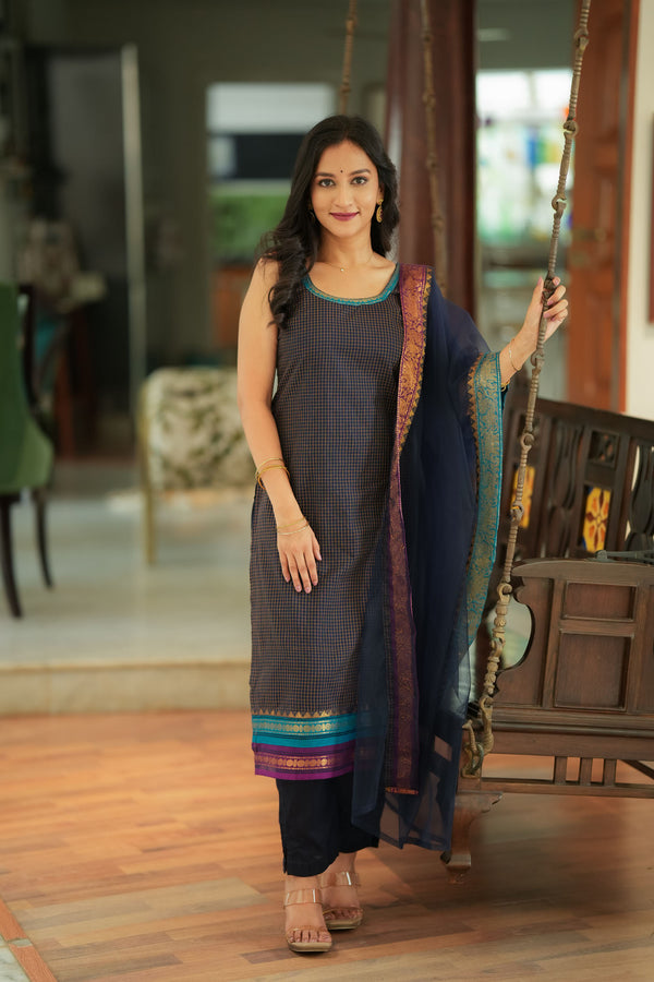 Varnika Blue Checkered Kurti Set