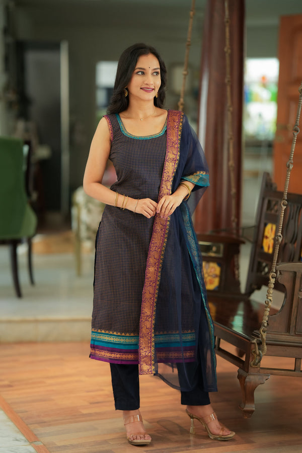 Varnika Blue Checkered Kurti Set