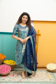 Varuni Navy & Teal Blue Kurti Set (Set of Top & Dupatta)