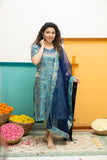 Varuni Navy & Teal Blue Kurti Set (Set of Top & Dupatta)