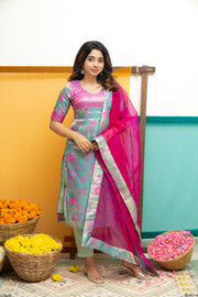 Varuni Pink & Blue Kurti Set (Set of Top & Dupatta)