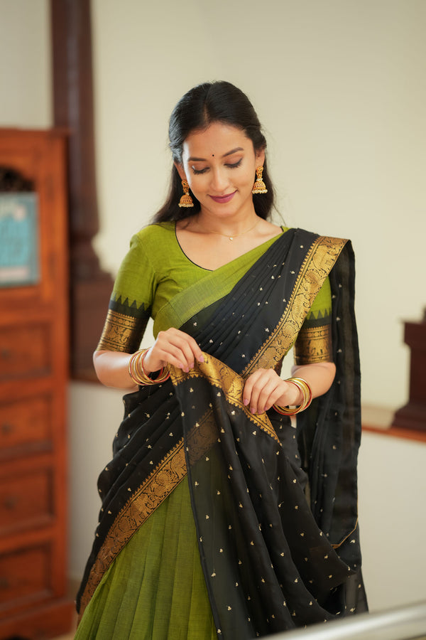 Prisha Olive Green Handwoven Halfsaree