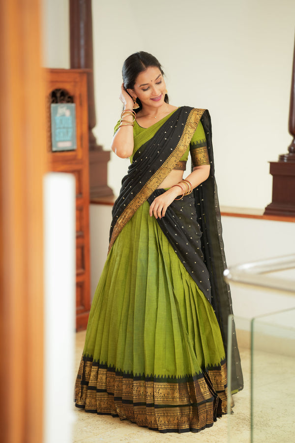 Prisha Olive Green Handwoven Halfsaree