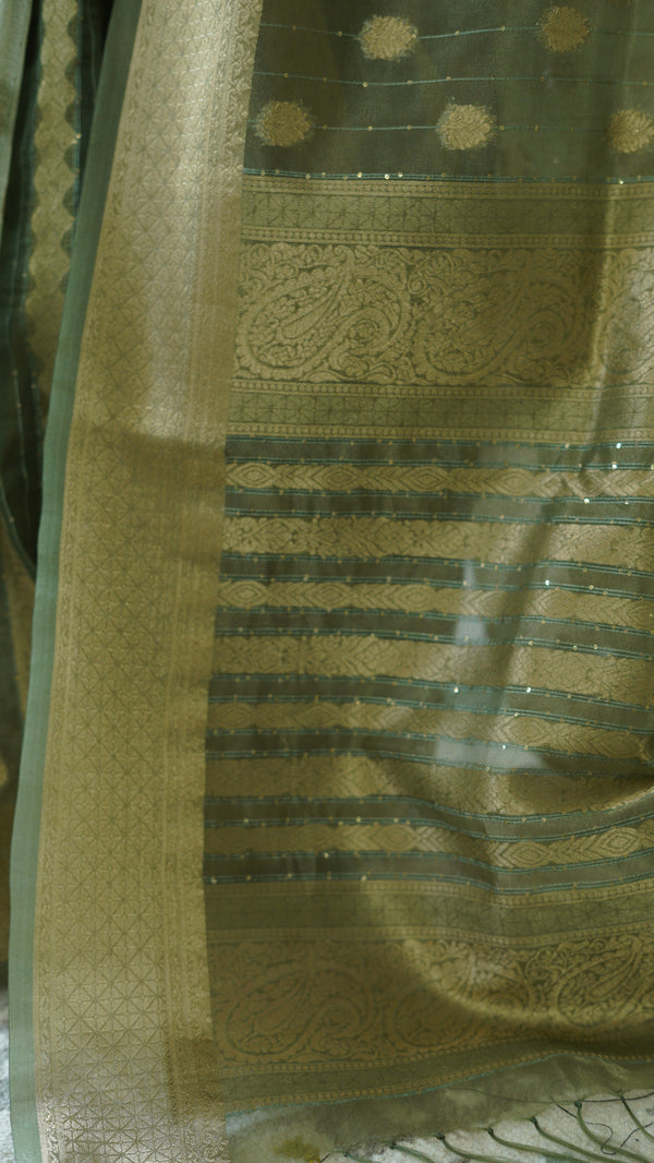 Olive Green Organza Tissue Saree with Blouse