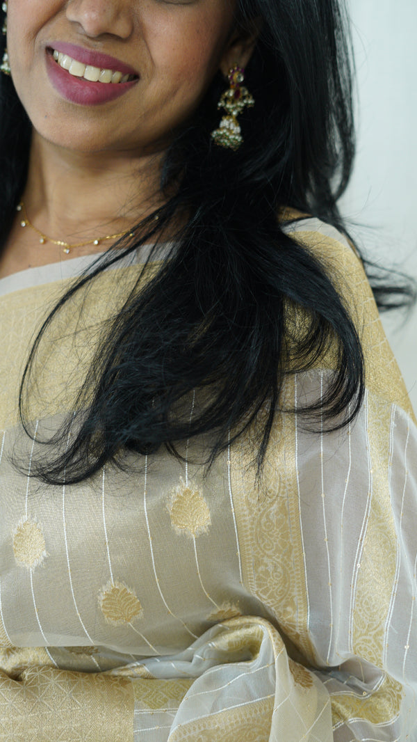 White and Gold Organza Tissue Saree with Blouse