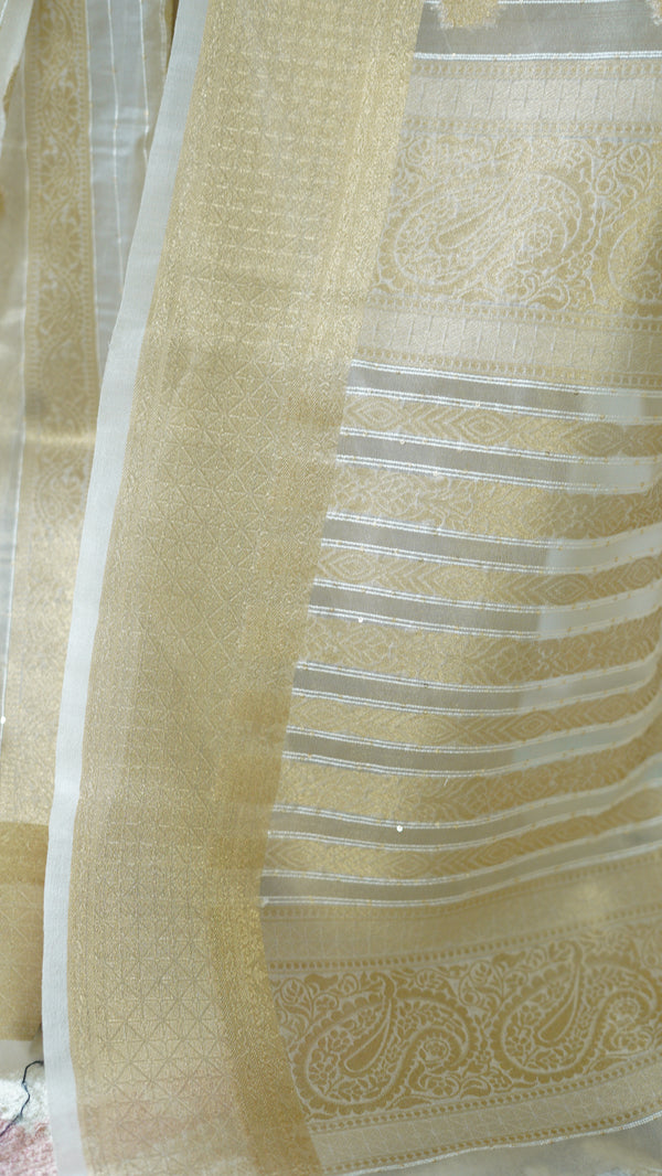 White and Gold Organza Tissue Saree with Blouse