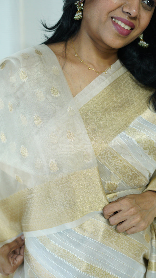 White and Gold Organza Tissue Saree with Blouse
