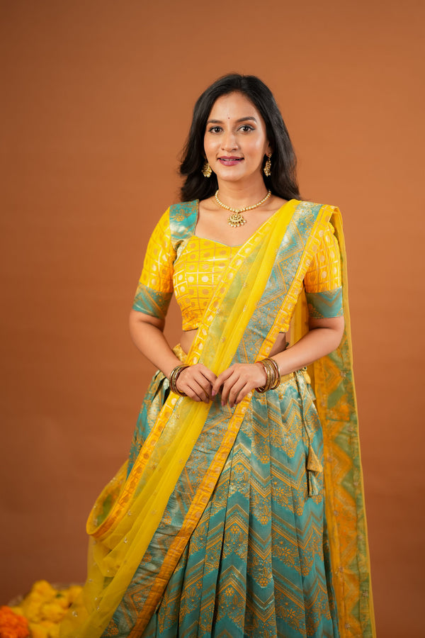 Akhila Yellow & Teal Banarasi Lehenga Set