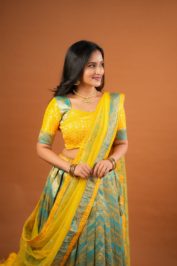 Akhila Yellow & Teal Banarasi Lehenga Set