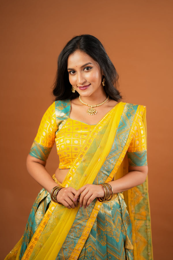 Akhila Yellow & Teal Banarasi Lehenga Set