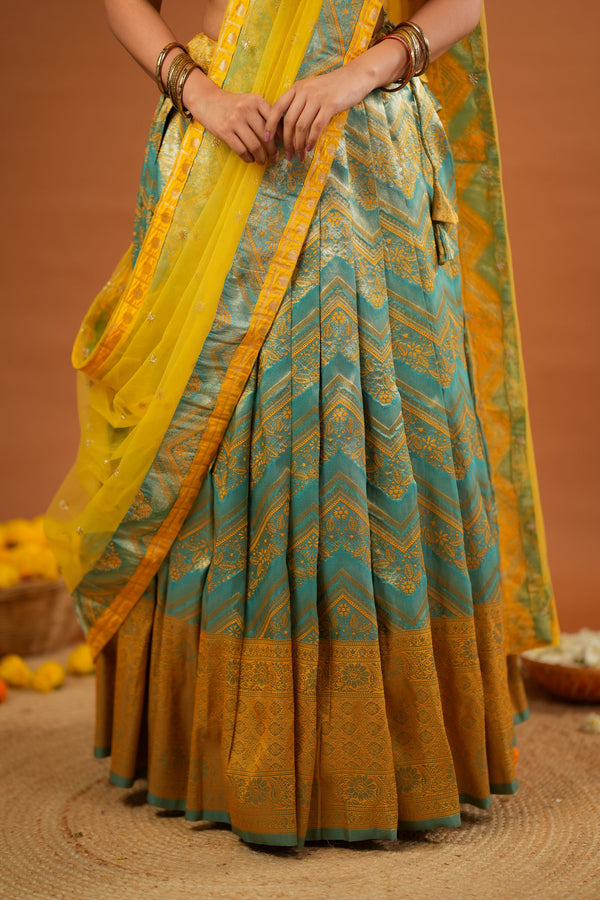 Akhila Yellow & Teal Banarasi Lehenga Set