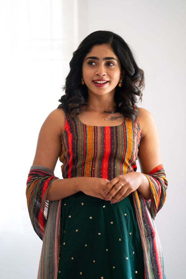 GRG - Aadhini Greeen sequins skirt with multicolor printed embroidered top - XS & S only
