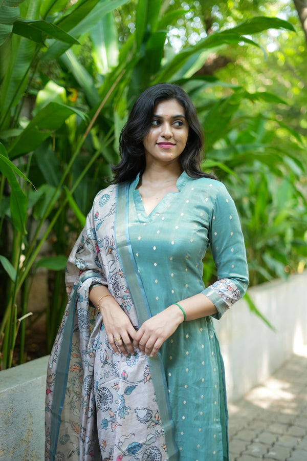 Charita Pastel Green Chanderi Kurta Set with Kalamkari Dupatta (set of 2)